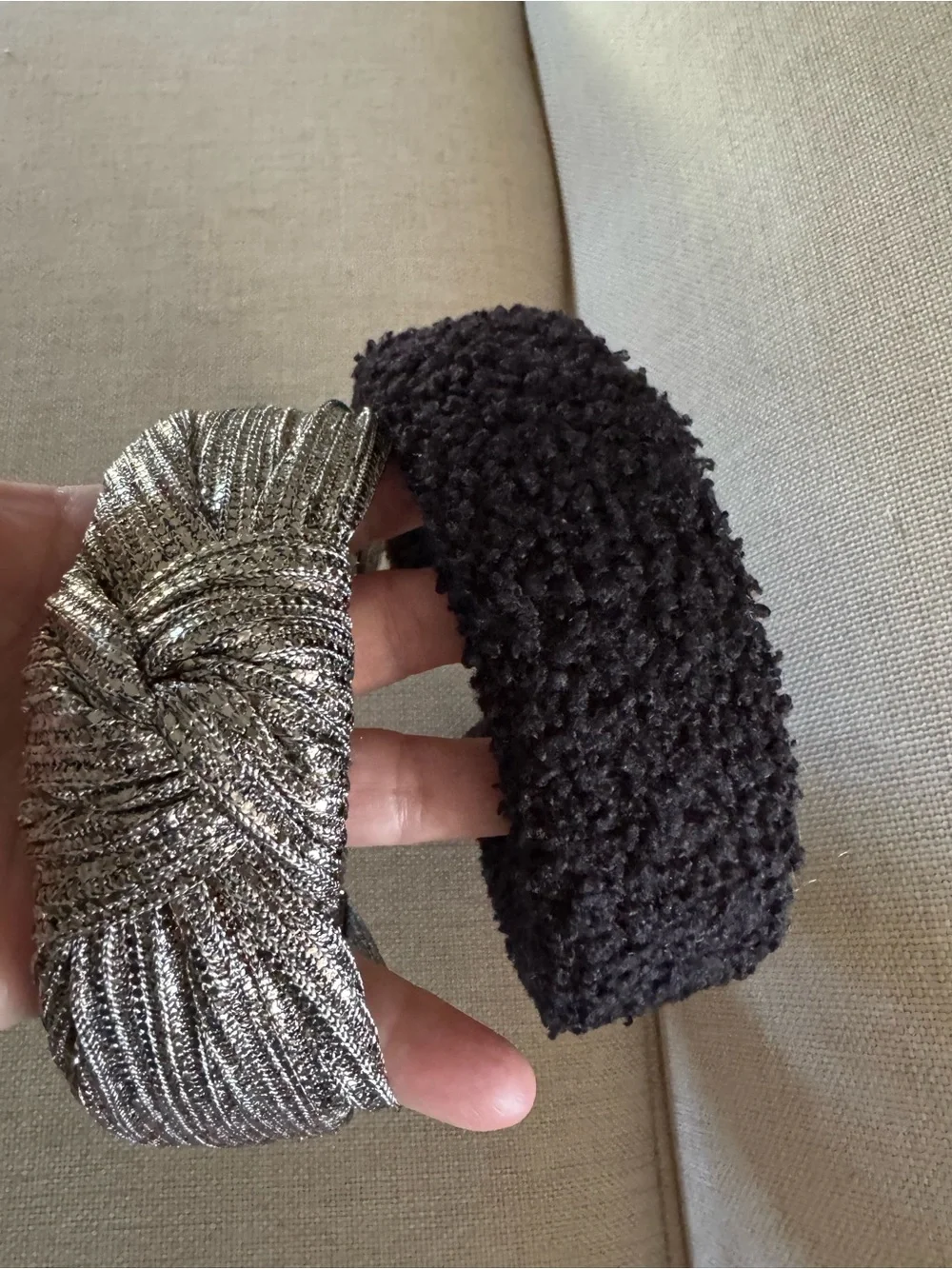 Metallic Silver Knotted Headband and Black Bouclé Headband Set